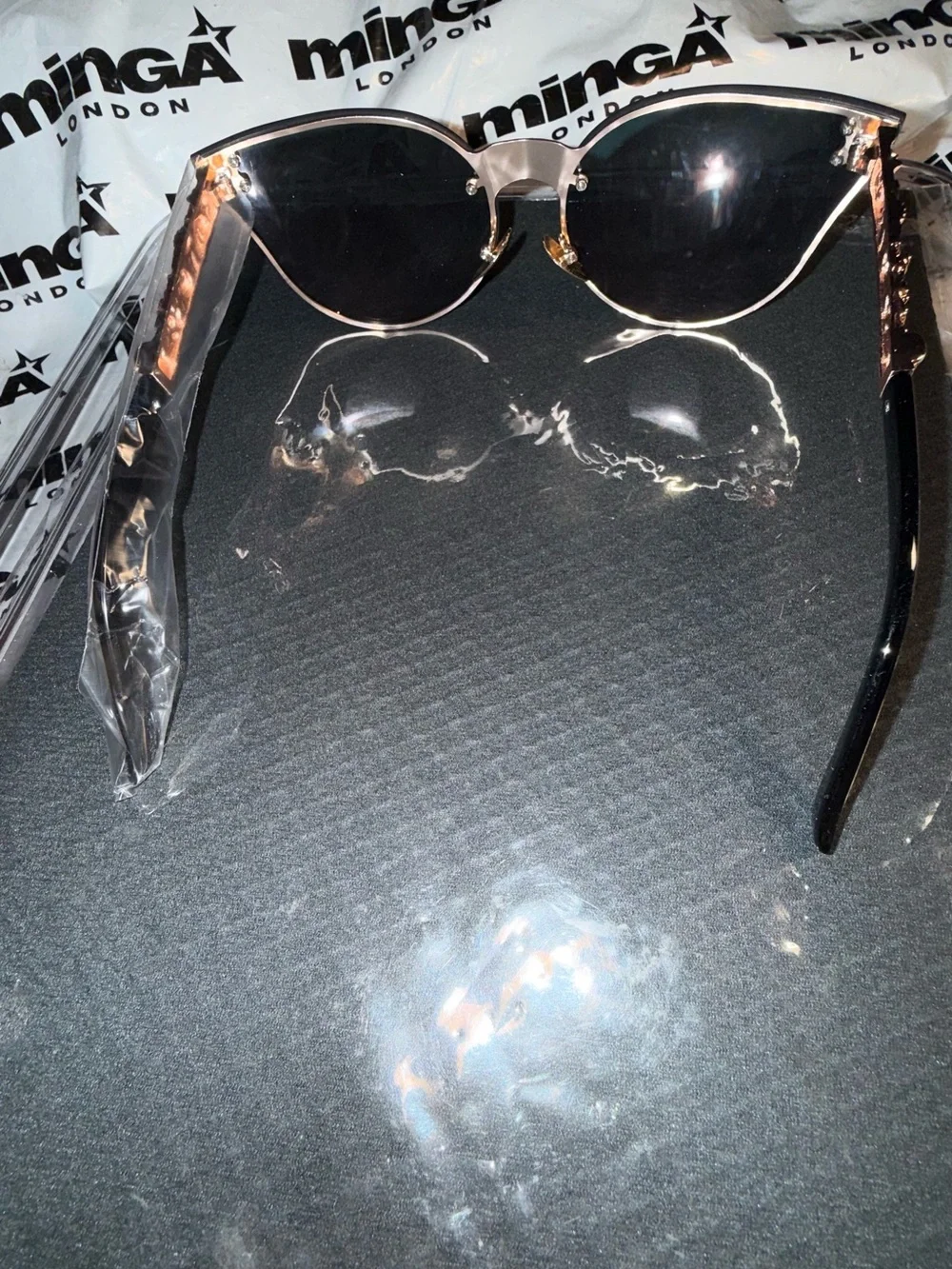 New Embellished Black Sunglasses with Mirror Rose Gold Lens with Gold designs